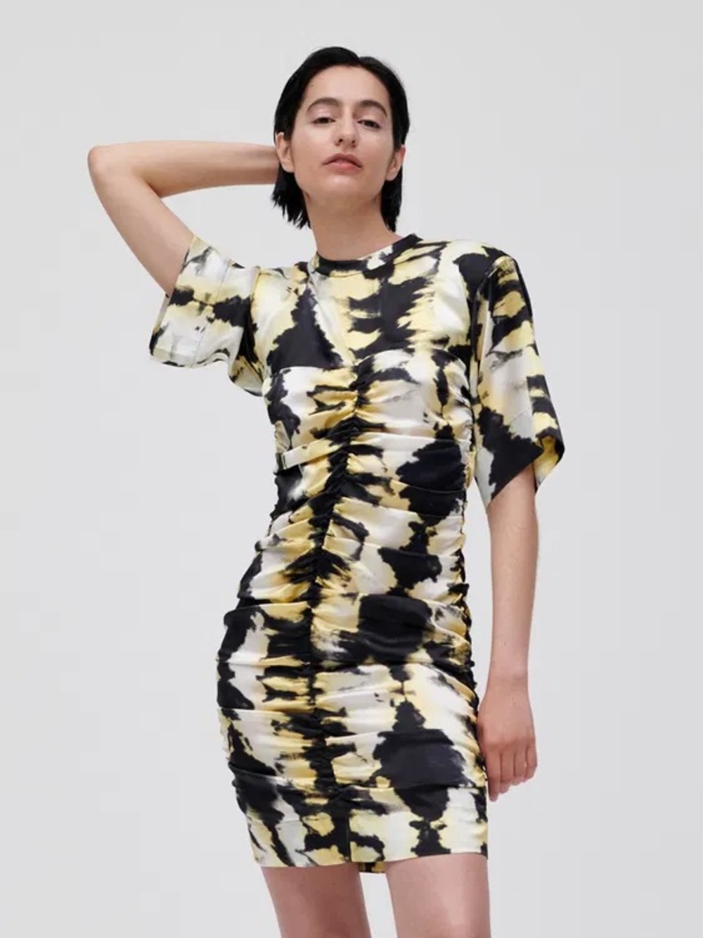Ganni Sz 14 (44) Silk Printed Ruched Abstract Mini Dress